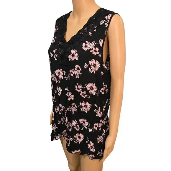 Colloseum Black Sleeveless V Neck Floral Print Top XL NWOT - Picture 2 of 7